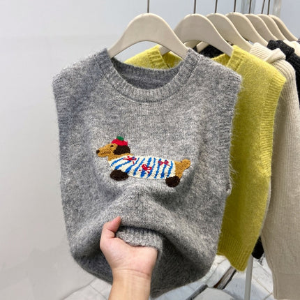Cartoon Dachshund Dog Embroidered Knitted Vest for Women 2026 Spring New Style Layered Fashionable Soft Sleeveless Sweater