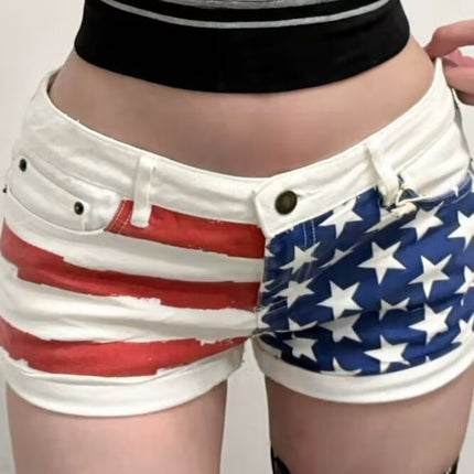 Street Style Sexy Low-Waist Star Stripesd Contrasting Woolen Shorts Sexy Lace-Up Slim Fit Versatile Retro Style Hot Pants