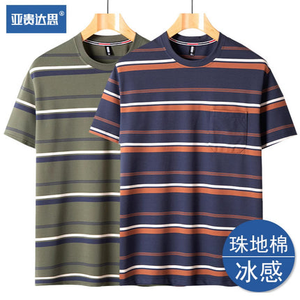 Dad summer striped short sleeve T-shirt new middle-aged men's round neck pocket loose middle-aged plus size top