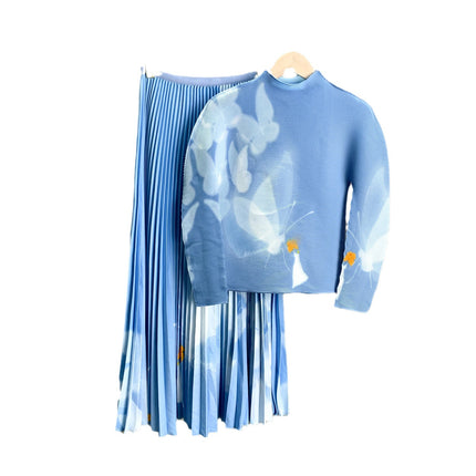 Early Autumn Pleated Fashion Stylish Design Printed High Neck Slim-Fit Stretch Long Sleeve Top Elastic Waist Skirt suit