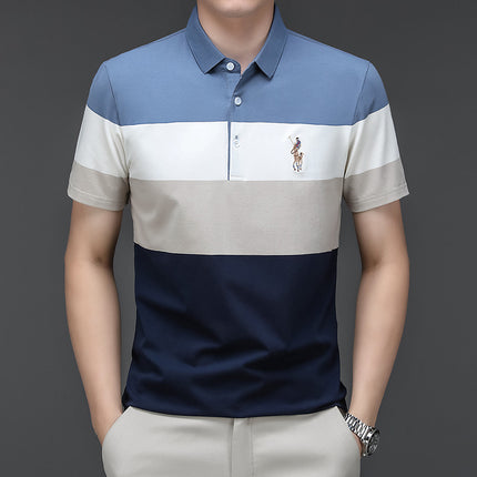Mingdi Mouse Men's Summer New Pure Cotton Short-sleeved Men's T-shirt Striped Casual Lapel Large Size Men's Polo Shirt
