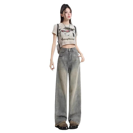 Nostalgic Retro Wide Leg Jeans Women's Trendy All-match New High Waist Slimming Loose Straight Rapped Mop Pants