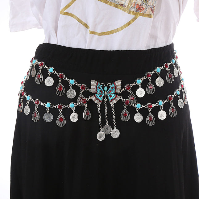 Cross-border New Retro Tassel Rhinestone Double-layer Necklace Waist Chain Head Chain Belly Dunhuang Dance Bohemian Style Direct Selling