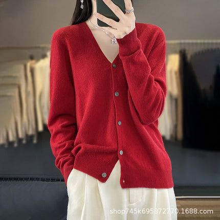 V-Neck Wool Knitwear for Women, Ready-Made Thin Autumn and Winter Work Clothing Slimming Look Elegant with 100% Wool Cardigan