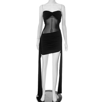 European and American Cross-Border Hot-Selling Women's Solid Color Strapless Mesh See-Through Splicing Ribbon Elegant Young Girl Sexy Short Dress