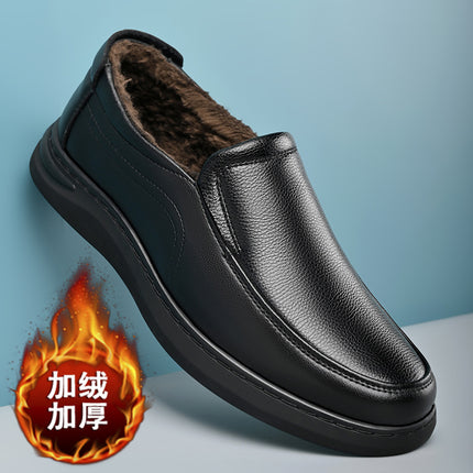 Men's Leather Shoes 2026 Spring New Style Men's Slip-On Non-Slip Business Casual Shoes with Fleece Lining for Middle-Aged and Elderly Men