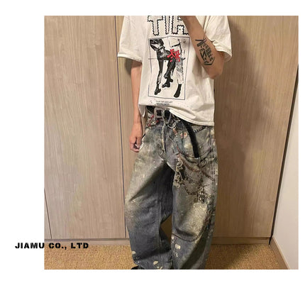 JIAMU Autumn and Winter AC Home Cut Digital Printed Jeans Men's Baggy Loose Straight Tube Personality in All-match Fashion Brand