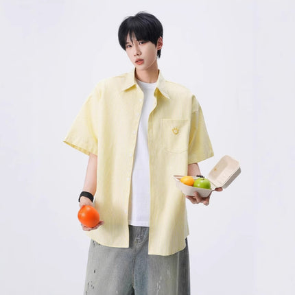 Smiley Face Embroidered Short-Sleeved Shirts for Men and Women 2025 Summer Lapel Stripesd Jacket Tops Handsome Loose Casual Shirts