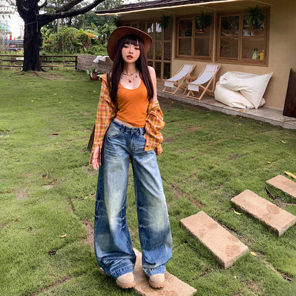 Vintage Washed Gradient Wide-Leg Jeans for Women 2025 Autumn New High-Waisted Loose Slimming Straight-Leg Floor-Length Pants