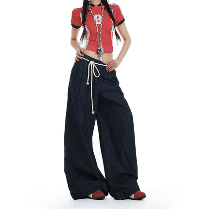 Bumi House Retro Original Cow Color with Drawstring Hot Girl Style Retro Drooping Sense Straight Tube Loose Double Pleated Wide Leg Jeans for Women