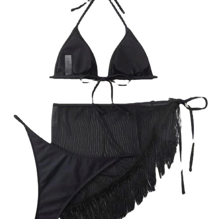 2023 New Tassel Skirt Solid Color Sexy Bikini Three-Piece Set Cross-Border