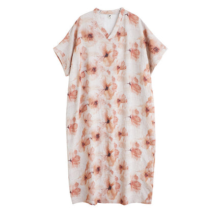 25 Summer New Artistic Fashion Comfortable Printed V-neck plus size Women's Long Temperament Short-sleeved Foreign Trade dress
