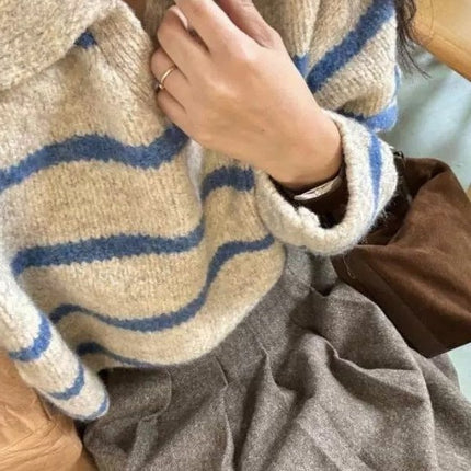 European Niche Blue Stripesd Polo Lapel Long-Sleeved Soft Waxy Knitwear Women's Autumn and Winter Lazy Pullover Top