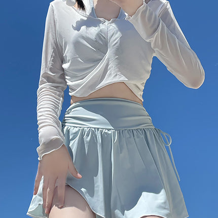 2025 New Swimwear Female Student Split Sports Long-sleeved Pure Desire Elegant Hollow High Waist Slim-fit Anti-light Blouse