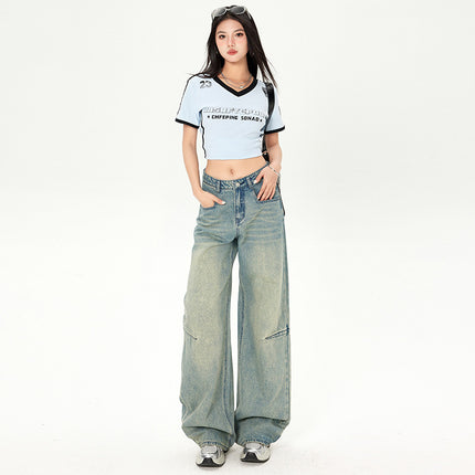 American Style High Street Wide Leg Jeans Women's Spring and Summer 2025 New light blue Straight High Waist Loose Slim Look Mop Pants