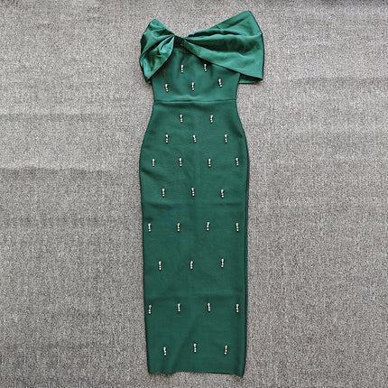 European and American Cross-border New Fashion Elegant Open-shoulder Light Luxury Nail Drill Elegant Elegant Bandage dress Evening Dress