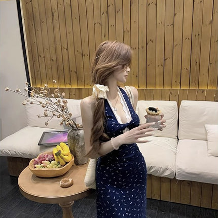 French Style Neck Waistline Floral Sling dress Women's Summer Niche Design Spice Girl Lace Stitching Tea Break Long Dress