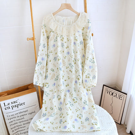 Spring and Autumn Cotton Double-layer Crepe Lace Collar Long-sleeve Pullover Printed Dress Summer Loose Thin Yarn Round Neck Home Clothes