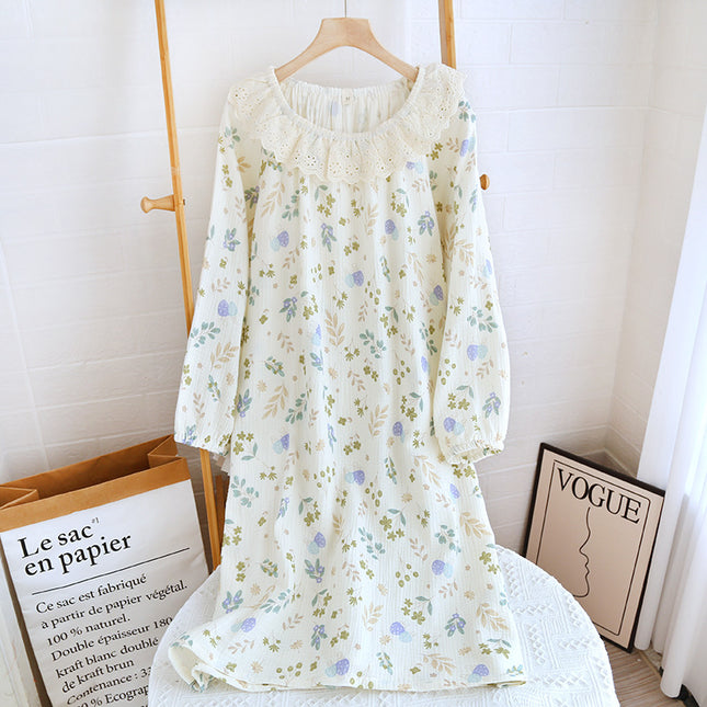 Spring and Autumn Cotton Double-layer Crepe Lace Collar Long-sleeve Pullover Printed Dress Summer Loose Thin Yarn Round Neck Home Clothes