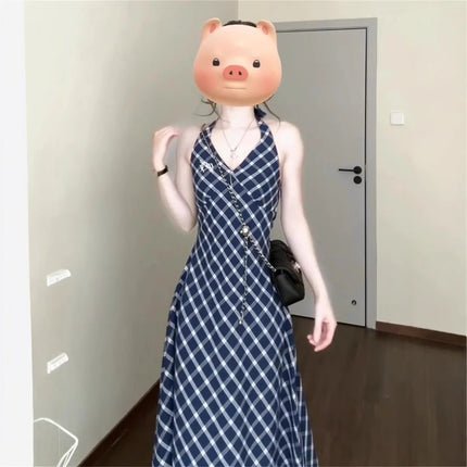 French style plaid suspenders dress women's 2025 new summer small a set of wear long skirt