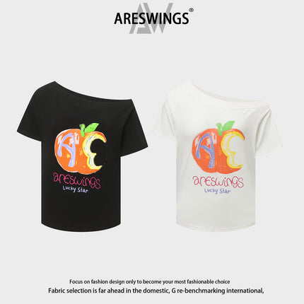 Areswings American Abstract Apple Letter Pattern Printed Slanted Shoulder Short-Sleeved T-Shirt Women's Summer Sexy Top