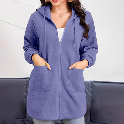 2025 European and American Cross-Border Casual Hooded Jacket for Women with Zipper Pockets, Long Hoodie, Casual Style
