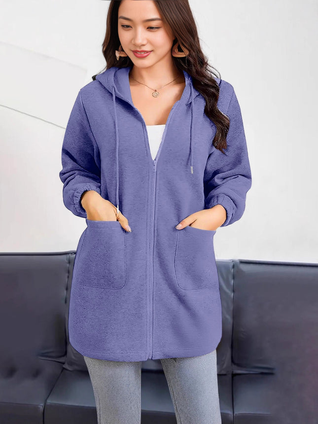 2025 European and American Cross-Border Casual Hooded Jacket for Women with Zipper Pockets, Long Hoodie, Casual Style