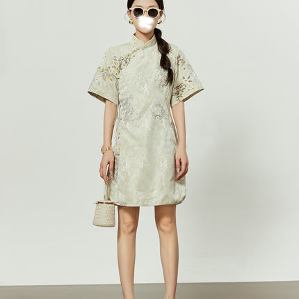 New Product, New Chinese Style, Improved Cheongsam for Women, High-End, Sweet and Cute Jacquard Improved Slit Short Dress