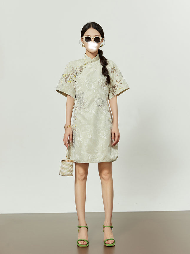 New Product, New Chinese Style, Improved Cheongsam for Women, High-End, Sweet and Cute Jacquard Improved Slit Short Dress