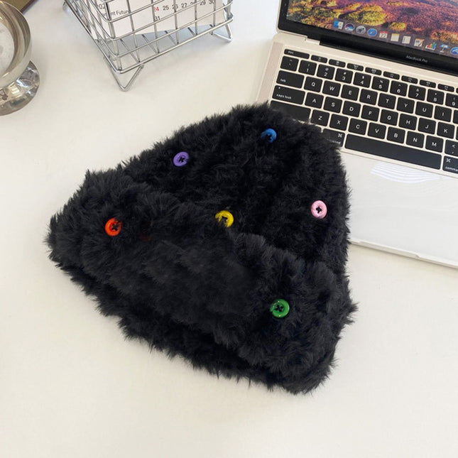 Winter color matching Korean style women's striped face-looking plush warm knitted wool hat big head circumference ear protection pile hat