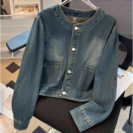 Light Blue American Retro Denim Jacket for Women Spring Single-Breasted Loose Cardigan Design Short Jacket Top