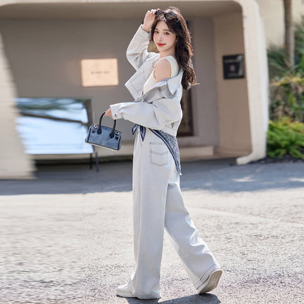 Super Fire Denim suit Women's 2025 Spring New Fashion Western Style Set of Small Wide Leg Pants Two-piece Set