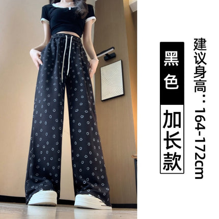 Grey Smiley Print Straight Leg Wide Leg Pants Women's Spring and Autumn New High Waist Dumping Sports Pants Loose Slimming Casual
