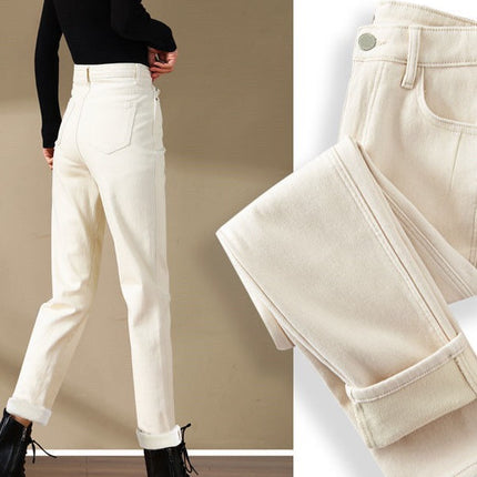 2024 Autumn and Winter Velvet Pure Color Off-White Narrow Straight Jeans for Women High Waist Loose Outer Wear Cigarette Pipe Pants
