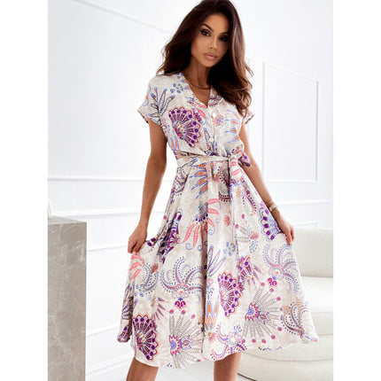 Amazon Cross-Border Export New Women's Fashion Floral Print V Neck Lace-Up Waist Dress for Women