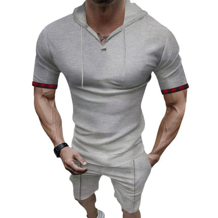 Europe and the United States cross-border summer fast selling Amazon hooded waffle T-shirt men's sports casual short sleeve shorts suit
