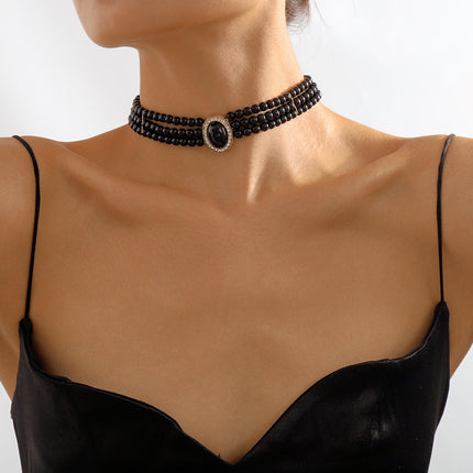 European and American Cross-border Black Multi-layer Pearl Necklace Retro Niche Court Elegant Chain Women Choker Clavicle Chain Women