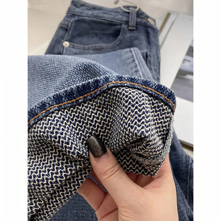American Retro Blue Straight-Leg Jeans for Women, Spring & Fall Design, Niche High-Waisted Loose Wide-Leg Floor-Length Pants