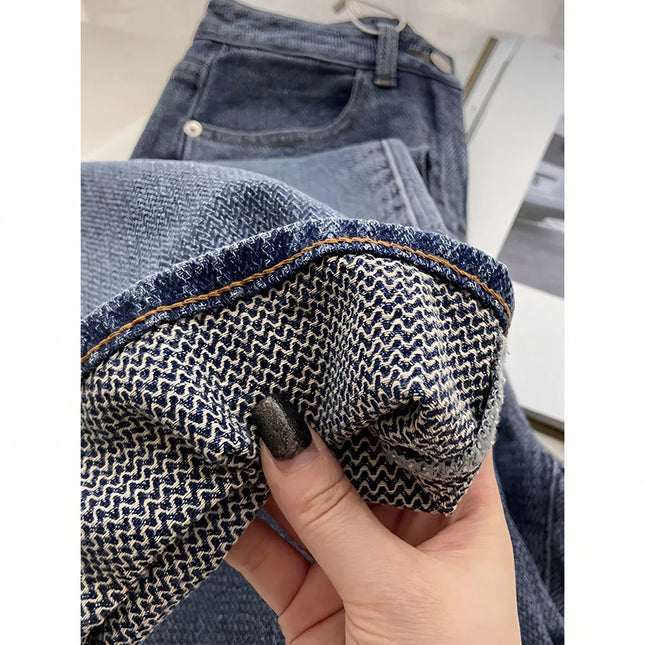 American Retro Blue Straight-Leg Jeans for Women, Spring & Fall Design, Niche High-Waisted Loose Wide-Leg Floor-Length Pants