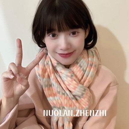 Factory new solid color haze blue scarf women's winter fluffy hair thickened students white students warm scarf