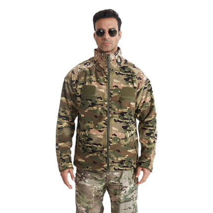 Autumn and Winter Camouflage Outdoor Men's Stand-Collar Fleece Jacket with Magic Chest Patch, Tactical Outdoor Sports Thickened Warm Clothing