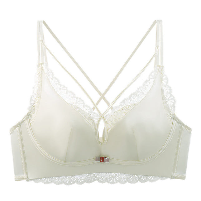 New hollow-out breast shaping with satin underwear thickened steamed bread cup small chest push up sexy cross back bra foreign trade