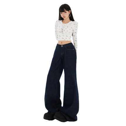 American-Style Dark Blue Non-Stretch Flared Jeans for Women, 2025 Autumn and Winter New Loose High-Waisted Slimming Bootcut Pants