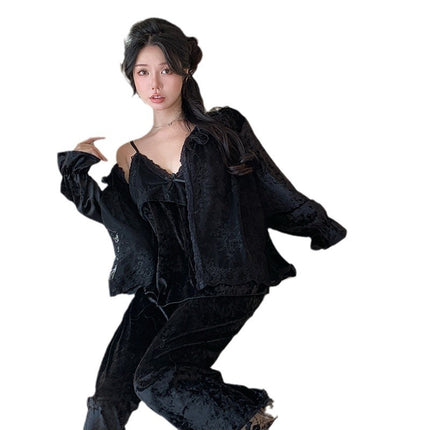 [Bric velvet] three-piece autumn and winter new lace court style pajamas suspenders long sleeve sweet home clothes velvet
