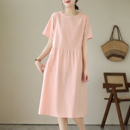 2024 Summer new Korean style organ pleated solid color round neck short sleeve midi dress women's loose slimming cotton and linen dress