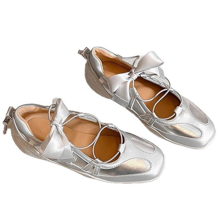 Sheepskin Version ~ Niche Fashion Strappy Ballet Casual Sneakers for Women Thick-Soled Bow Silver Mary Jane Shoes