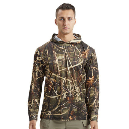 New Men's Long-Sleeved Quick-Drying Hooded Sun Protection t Outdoor Tactical Sports Physical Fitness Breathable Camouflage T-Shirt Camping Style Fishing