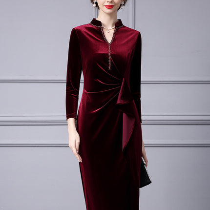 Zhili Lady Brand Women's Noble Elegant Stereo Cutting Pleated Waist Spring & Fall Bottoming Velvet Dress