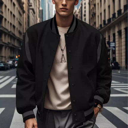 2025 Cross-Border Temu Popular European and American Men's Jacket Fashion Solid Color Brushed Fabric Cardigan Patchwork Button Baseball Jacket