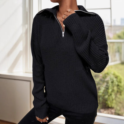 2025 Autumn/Winter Black Half-Zip Lapel Sweater for Women, Waffle Texture Loose Lazy Style Knitted Pullover